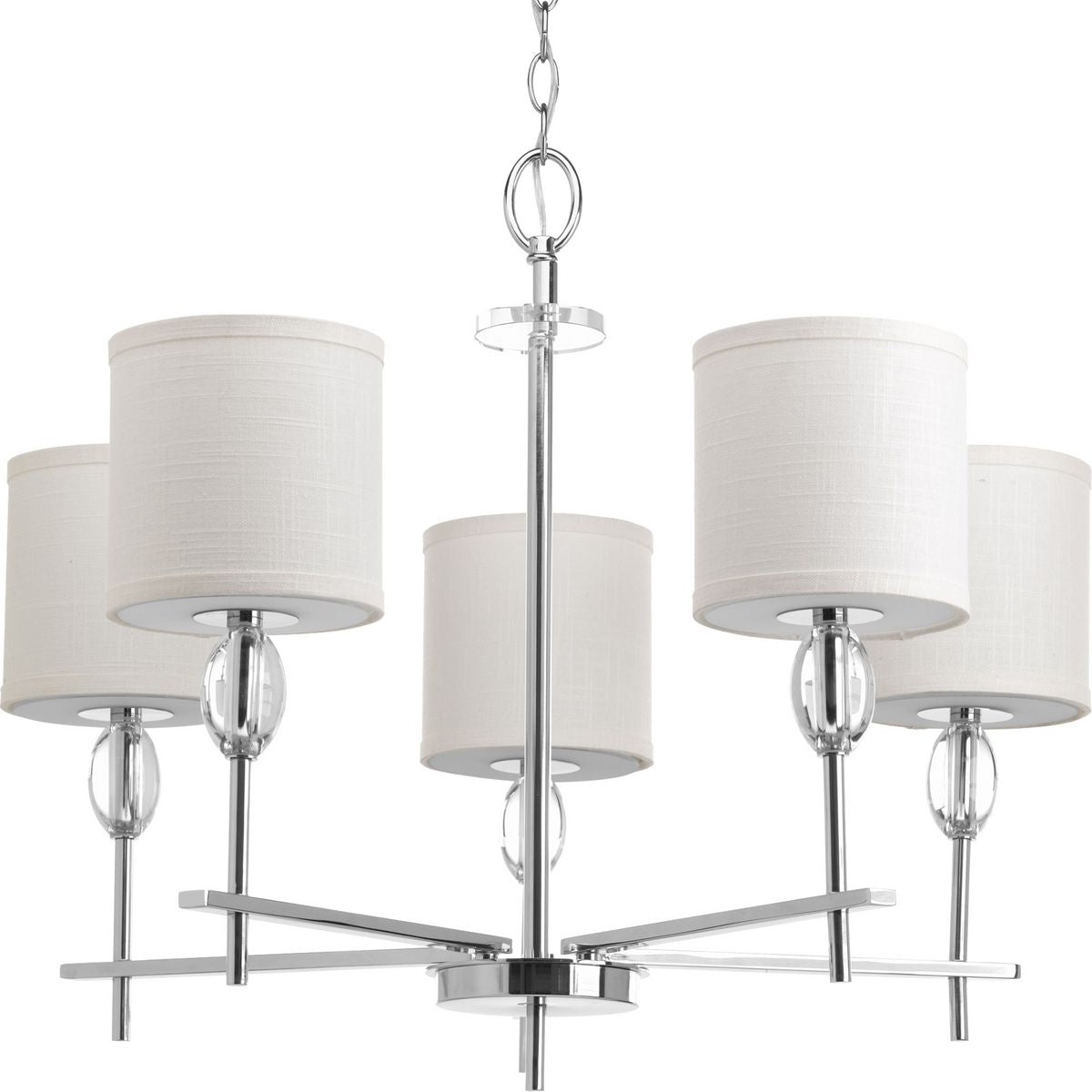 PROGRESS LIGHTING P4141-15 Polished Chrome Status Collection Five-Light Polished Chrome Off-White Textured Linen Shade Coastal Chandelier Light