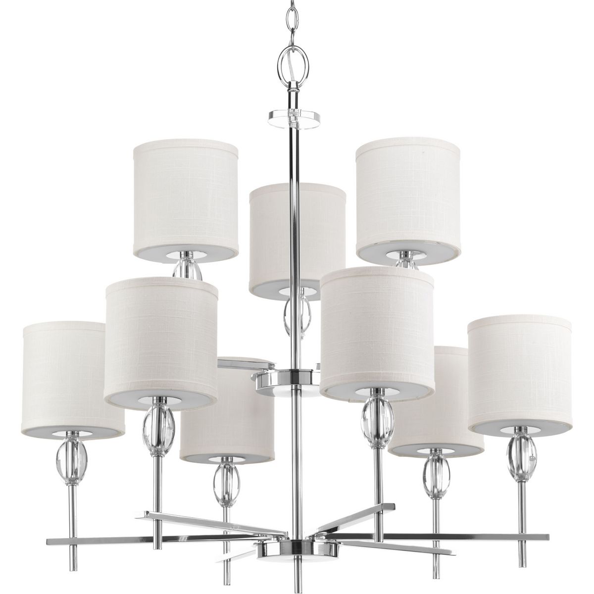 PROGRESS LIGHTING P4142-15 Polished Chrome Status Collection Nine-Light Polished Chrome Off-White Textured Linen Shade Coastal Chandelier Light