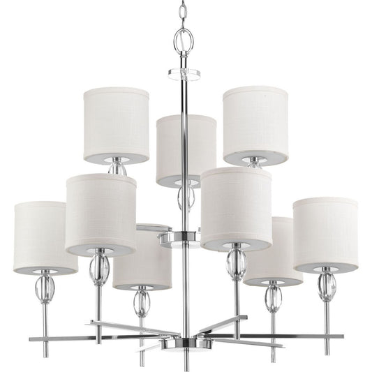 PROGRESS LIGHTING P4142-15 Polished Chrome Status Collection Nine-Light Polished Chrome Off-White Textured Linen Shade Coastal Chandelier Light