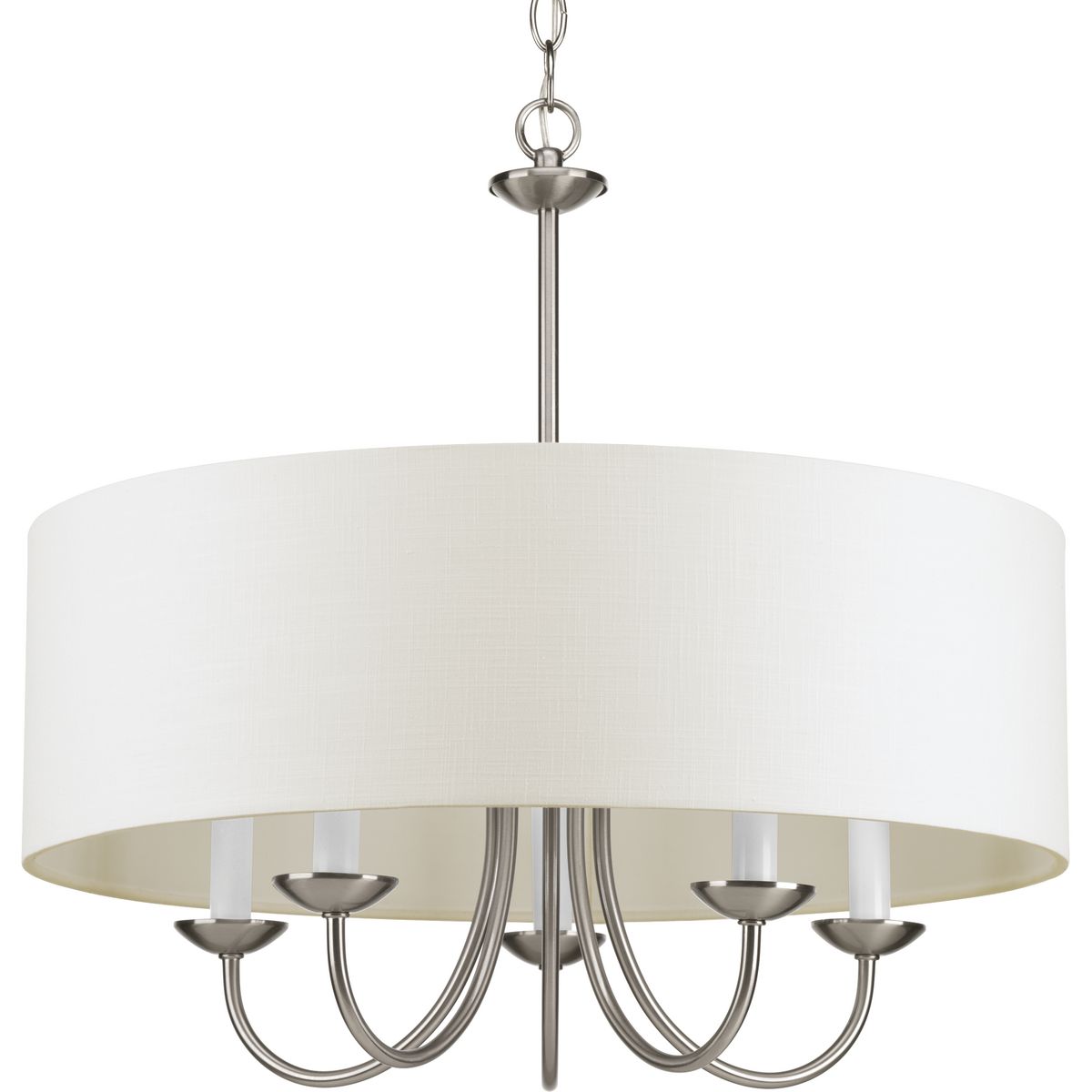 PROGRESS LIGHTING P4217-09 Brushed Nickel Drum Shade Collection Five-Light Brushed Nickel White Textured Linen Shade Farmhouse Chandelier Light