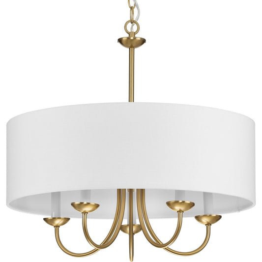 PROGRESS LIGHTING P4217-109 Brushed Bronze Drum ShadeCollection Five-Light Brushed Bronze White Fabric Shade New Traditional Chandelier Light