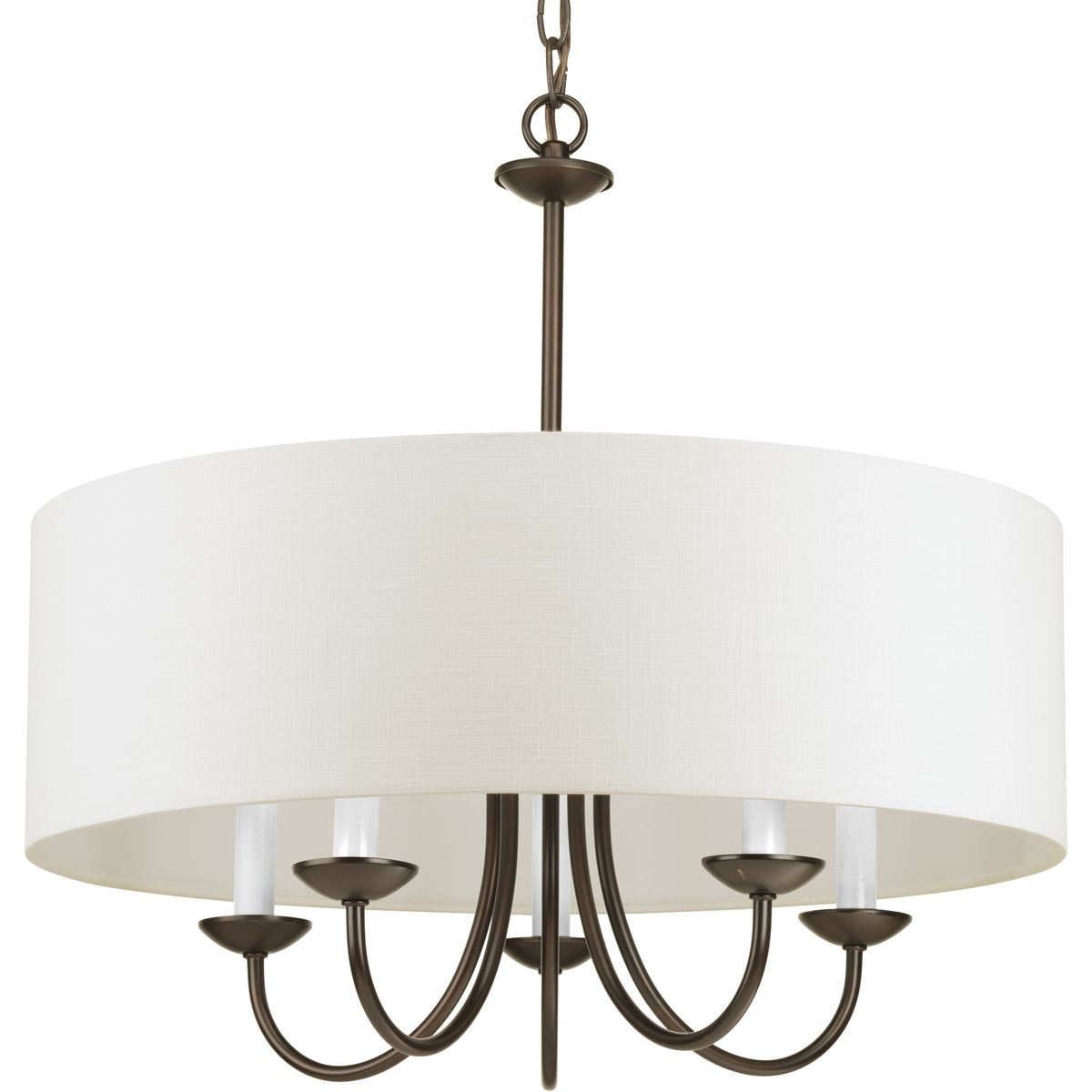 PROGRESS LIGHTING P4217-20 Antique Bronze Drum Shade Collection Five-Light Antique Bronze White Textured Linen Shade Farmhouse Chandelier Light