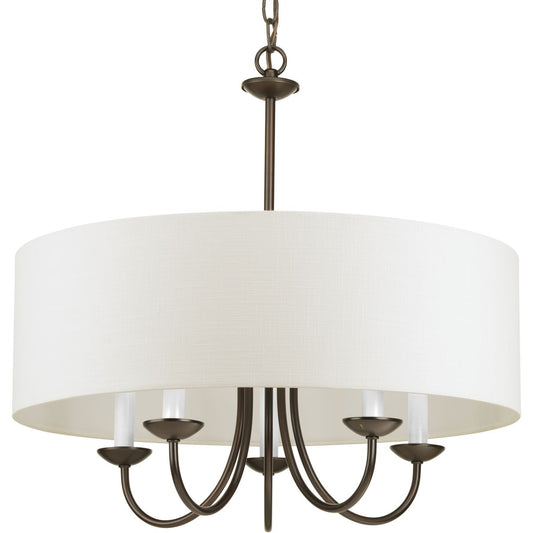 PROGRESS LIGHTING P4217-20 Antique Bronze Drum Shade Collection Five-Light Antique Bronze White Textured Linen Shade Farmhouse Chandelier Light