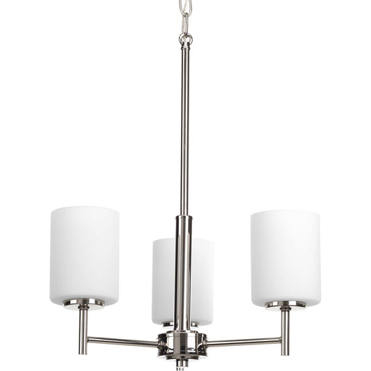 PROGRESS LIGHTING P4318-104 Polished Nickel Replay Collection Three-Light Polished Nickel Etched White Glass Modern Chandelier Light