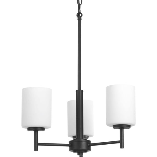 PROGRESS LIGHTING P4318-31 Textured Black Replay Collection Three-Light Textured Black Etched White Glass Modern Chandelier Light