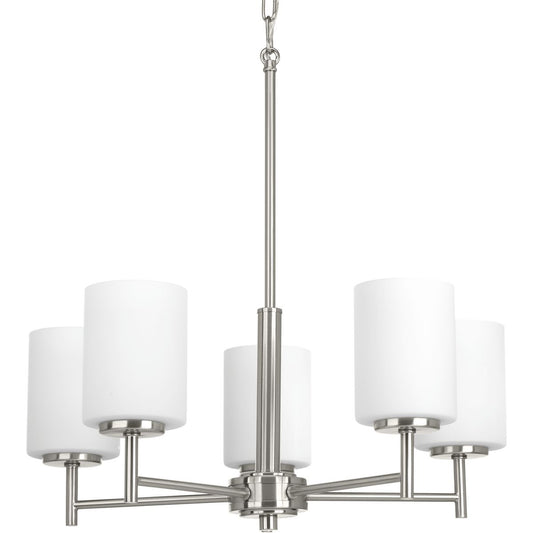 PROGRESS LIGHTING P4319-09 Brushed Nickel Replay Collection Five-Light Brushed Nickel Etched Glass Modern Chandelier Light