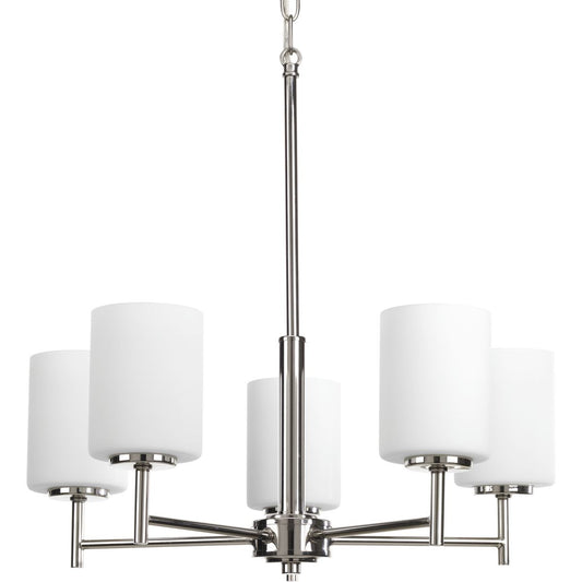 PROGRESS LIGHTING P4319-104 Polished Nickel Replay Collection Five-Light Polished Nickel Etched White Glass Modern Chandelier Light