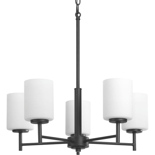 PROGRESS LIGHTING P4319-31 Textured Black Replay Collection Five-Light Textured Black Etched White Glass Modern Chandelier Light