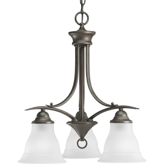 PROGRESS LIGHTING P4324-20 Antique Bronze Trinity Collection Three-Light Antique Bronze Etched Glass Traditional Chandelier Light