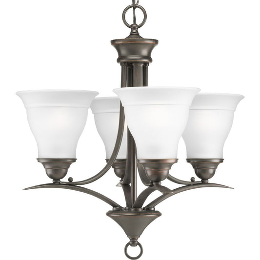 PROGRESS LIGHTING P4326-20 Antique Bronze Trinity Collection Four-Light Antique Bronze Etched Glass Traditional Chandelier Light