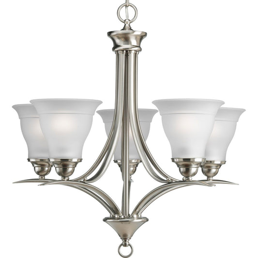 PROGRESS LIGHTING P4328-09 Brushed Nickel Trinity Collection Five-Light Brushed Nickel Etched Glass Traditional Chandelier Light