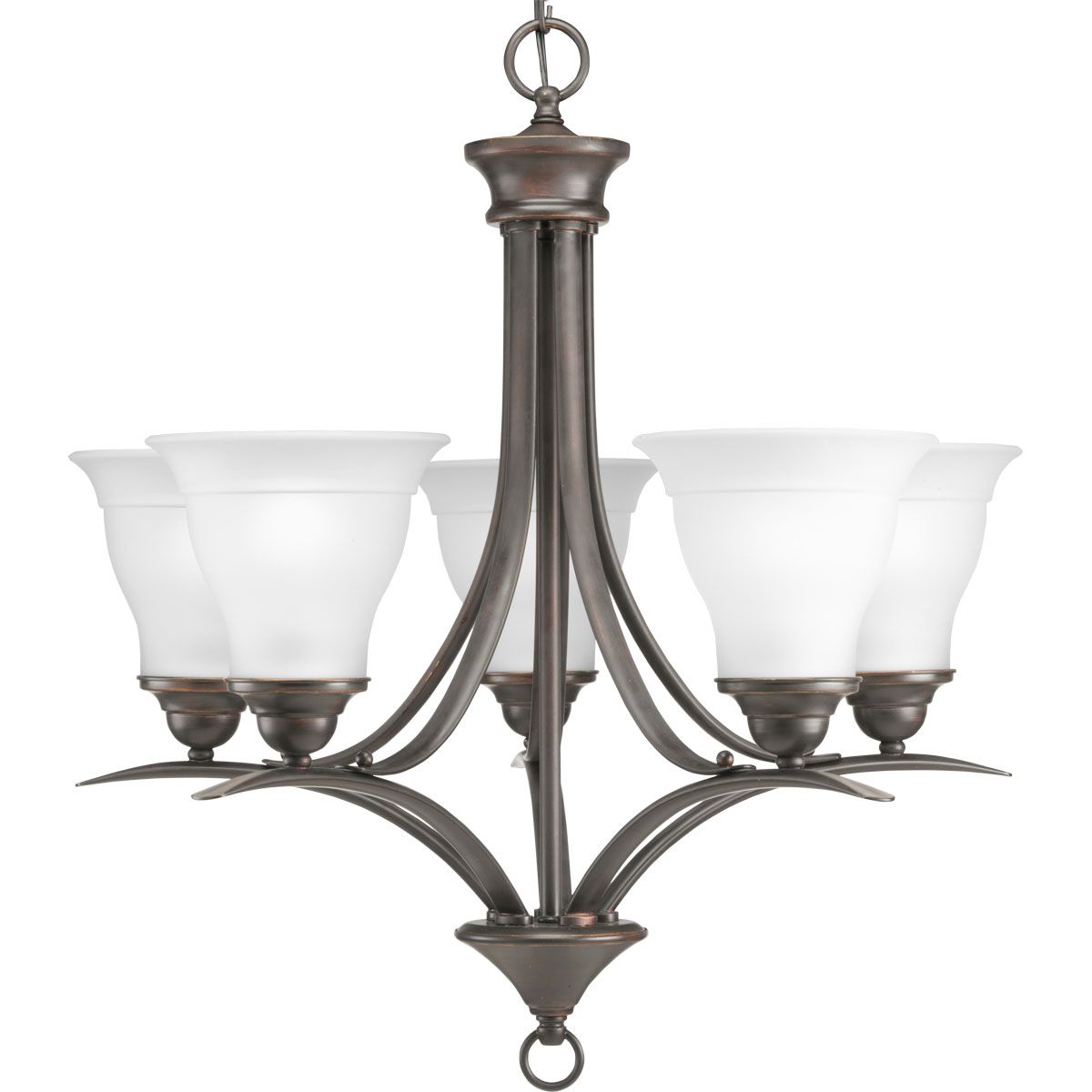 PROGRESS LIGHTING P4328-20 Antique Bronze Trinity Collection Five-Light Antique Bronze Etched Glass Traditional Chandelier Light