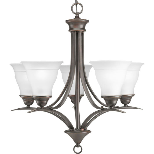 PROGRESS LIGHTING P4328-20 Antique Bronze Trinity Collection Five-Light Antique Bronze Etched Glass Traditional Chandelier Light