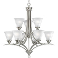 PROGRESS LIGHTING P4329-09 Brushed Nickel Trinity Collection Nine-Light Brushed Nickel Etched Glass Traditional Chandelier Light