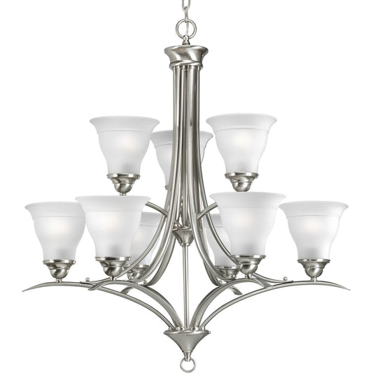 PROGRESS LIGHTING P4329-09 Brushed Nickel Trinity Collection Nine-Light Brushed Nickel Etched Glass Traditional Chandelier Light