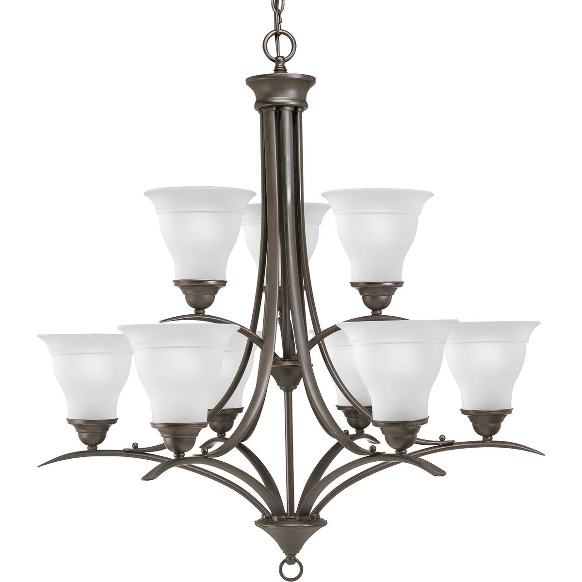 PROGRESS LIGHTING P4329-20 Antique Bronze Trinity Collection Nine-Light Antique Bronze Etched Glass Traditional Chandelier Light