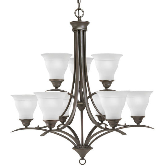 PROGRESS LIGHTING P4329-20 Antique Bronze Trinity Collection Nine-Light Antique Bronze Etched Glass Traditional Chandelier Light
