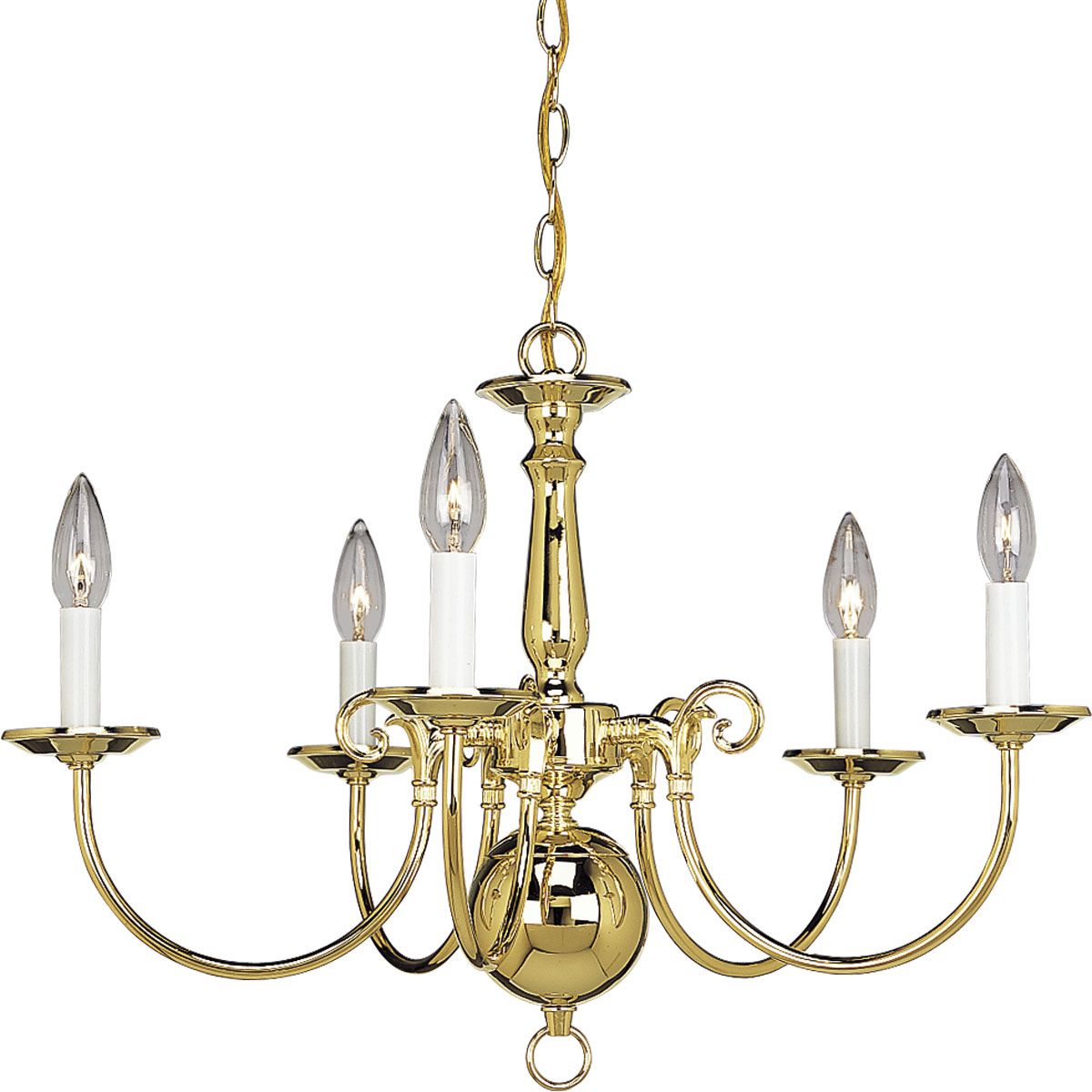 PROGRESS LIGHTING P4346-10 Polished Brass Americana Collection Five-Light Polished Brass White Candle Traditional Chandelier Light