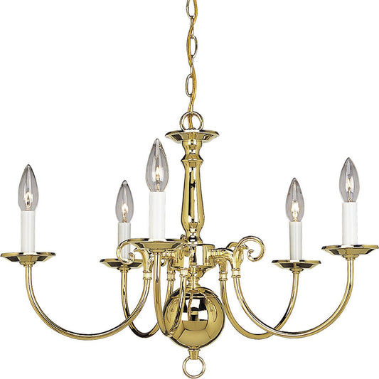PROGRESS LIGHTING P4346-10 Polished Brass Americana Collection Five-Light Polished Brass White Candle Traditional Chandelier Light