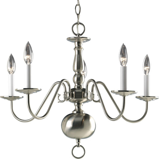 PROGRESS LIGHTING P4355-09 Brushed Nickel Americana Collection Five-Light Brushed Nickel White Candle Traditional Chandelier Light