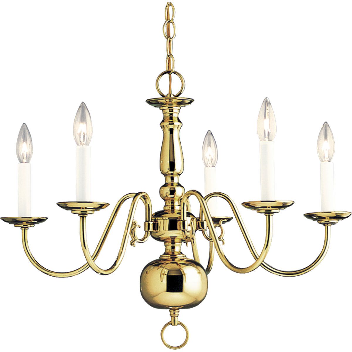 PROGRESS LIGHTING P4355-10 Polished Brass Americana Collection Five-Light Polished Brass White Candle Traditional Chandelier Light