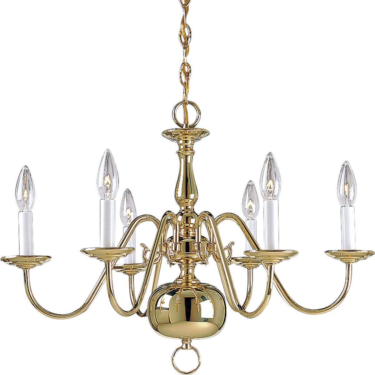 PROGRESS LIGHTING P4356-10 Polished Brass Americana Collection Six-Light Polished Brass White Candle Traditional Chandelier Light