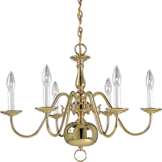 PROGRESS LIGHTING P4356-10 Polished Brass Americana Collection Six-Light Polished Brass White Candle Traditional Chandelier Light