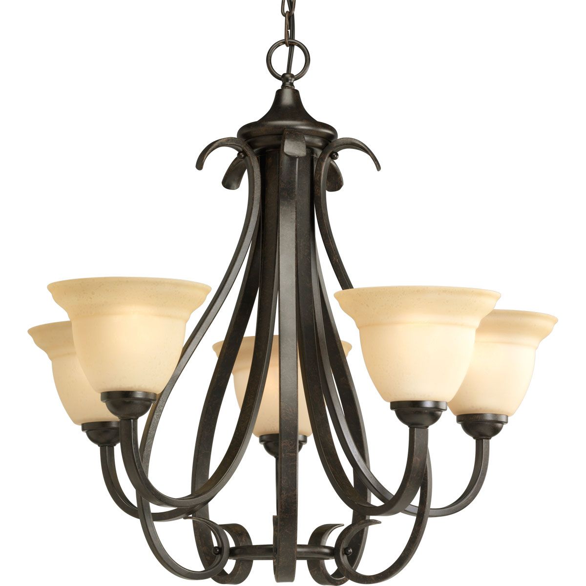 PROGRESS LIGHTING P4416-77 Forged Bronze Torino Collection Five-Light Forged Bronze Tea-Stained Glass Transitional Chandelier Light