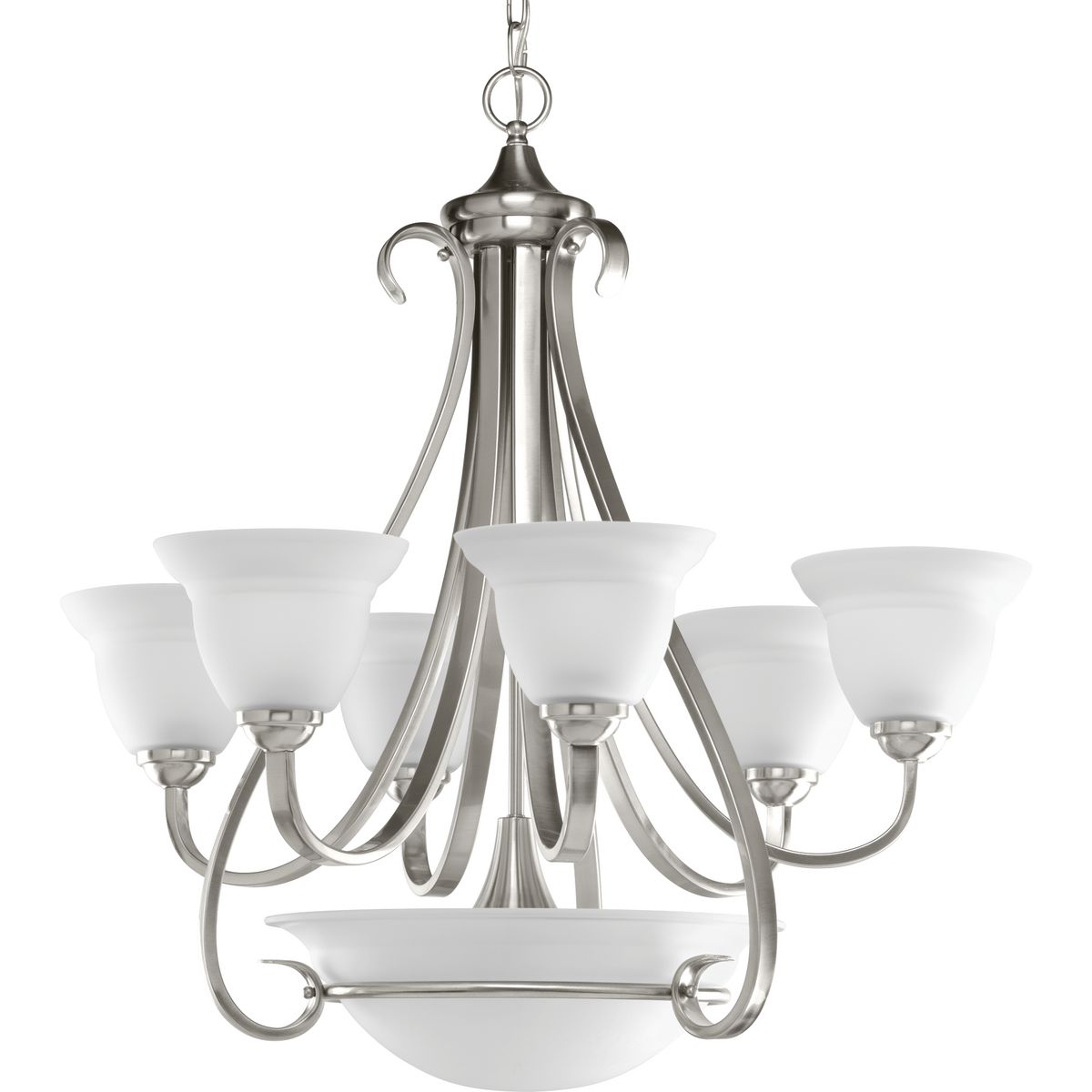 PROGRESS LIGHTING P4417-09 Brushed Nickel Torino Collection Six-Light Brushed Nickel Etched Glass Transitional Chandelier Light