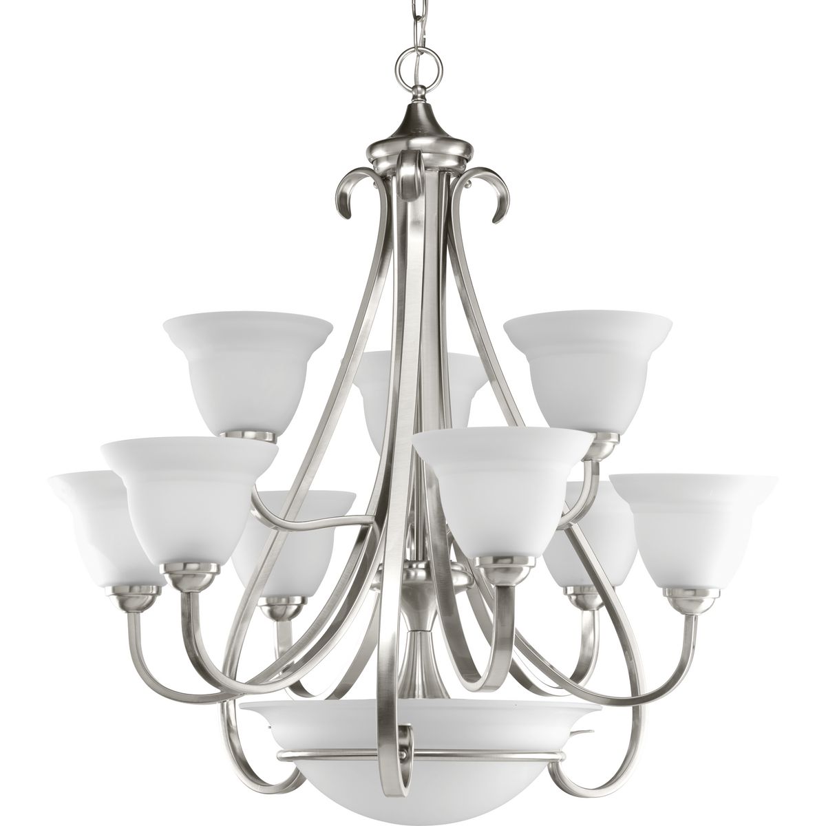 PROGRESS LIGHTING P4418-09 Brushed Nickel Torino Collection Nine-Light Brushed Nickel Etched Glass Transitional Chandelier Light