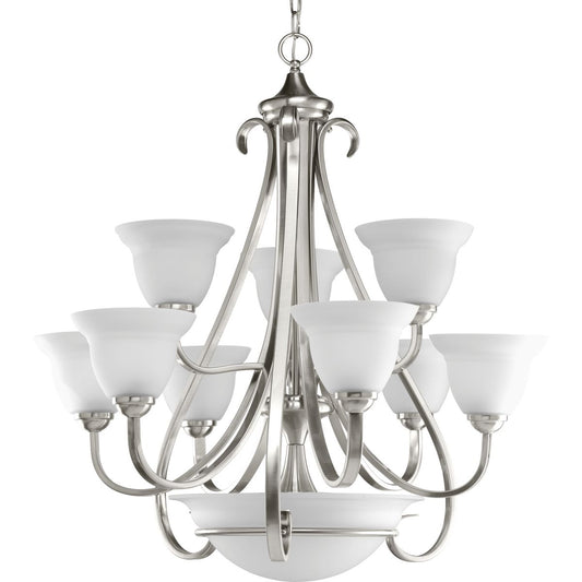 PROGRESS LIGHTING P4418-09 Brushed Nickel Torino Collection Nine-Light Brushed Nickel Etched Glass Transitional Chandelier Light