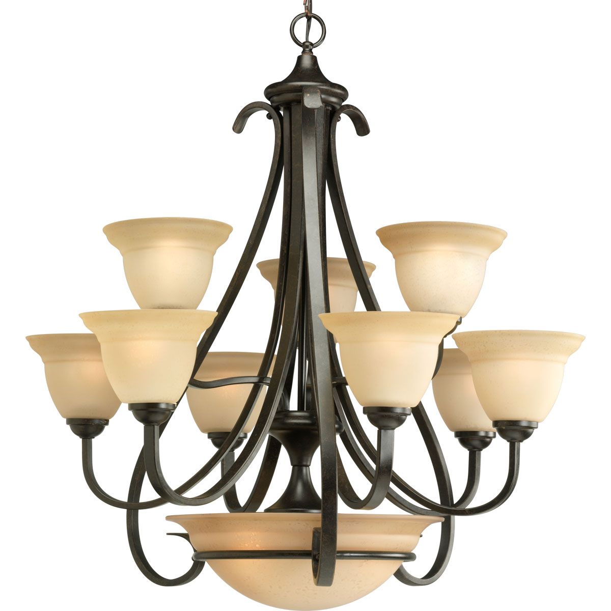 PROGRESS LIGHTING P4418-77 Forged Bronze Torino Collection Nine-Light Forged Bronze Tea-Stained Glass Transitional Chandelier Light