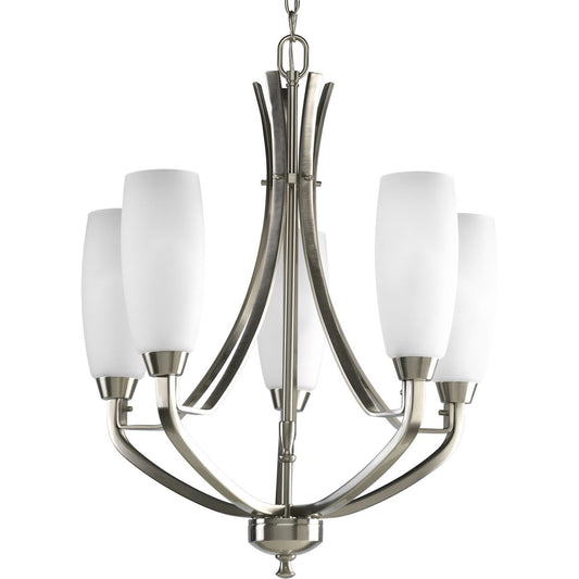 PROGRESS LIGHTING P4436-09 Brushed Nickel Wisten Collection Five-Light Brushed Nickel Etched Glass Modern Chandelier Light