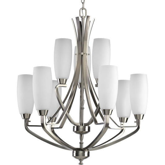 PROGRESS LIGHTING P4439-09 Brushed Nickel Wisten Collection Nine-Light Brushed Nickel Etched Glass Modern Chandelier Light