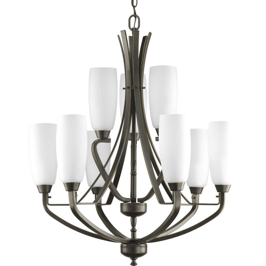 PROGRESS LIGHTING P4439-20 Antique Bronze Wisten Collection Nine-Light Antique Bronze Etched Glass Modern Chandelier Light