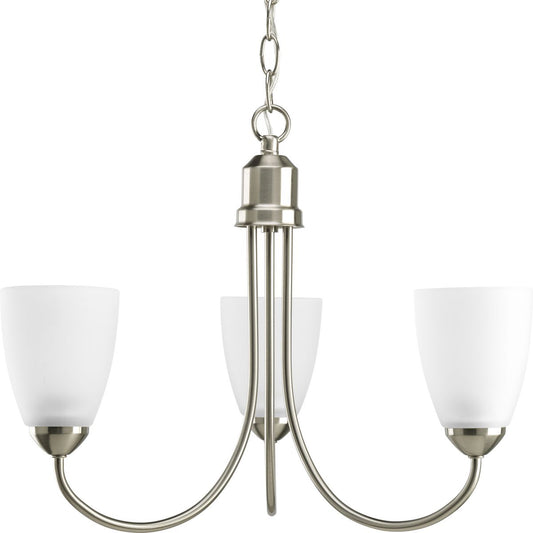 PROGRESS LIGHTING P4440-09 Brushed Nickel Gather Collection Three-Light Brushed Nickel Etched Glass Traditional Chandelier Light