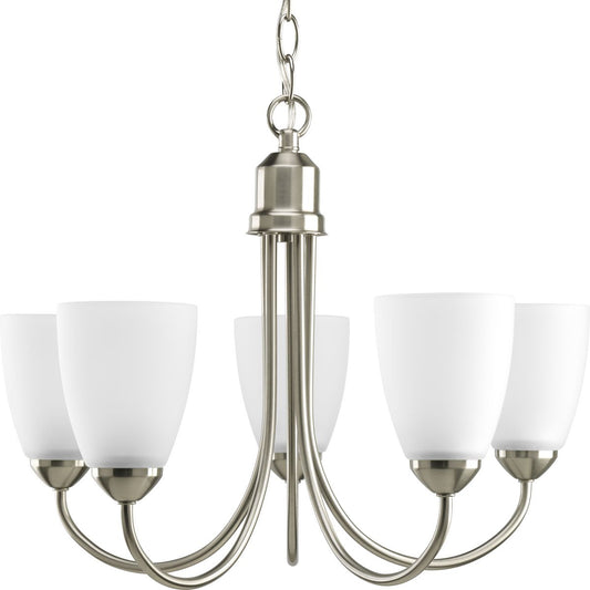 PROGRESS LIGHTING P4441-09 Brushed Nickel Gather Collection Five-Light Brushed Nickel Etched Glass Traditional Chandelier Light