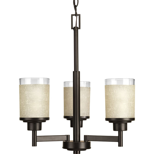 PROGRESS LIGHTING P4458-20 Antique Bronze Alexa Collection Three-Light Antique Bronze Etched Umber Linen With Clear Edge Glass Modern Chandelier Light