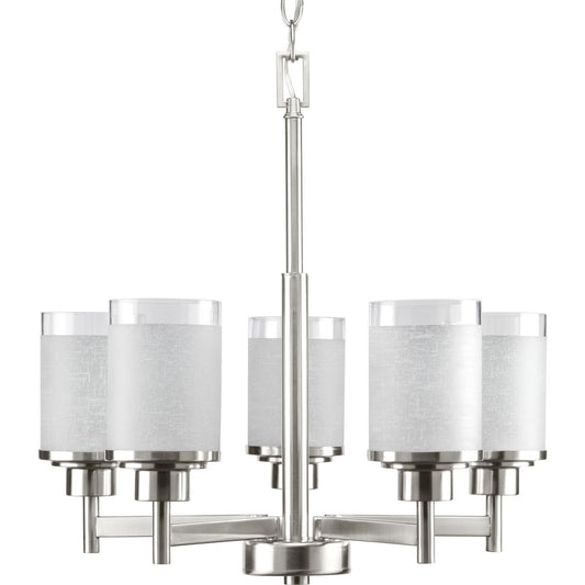 PROGRESS LIGHTING P4459-09 Brushed Nickel Alexa Collection Five-Light Brushed Nickel Etched Linen With Clear Edge Glass Modern Chandelier Light