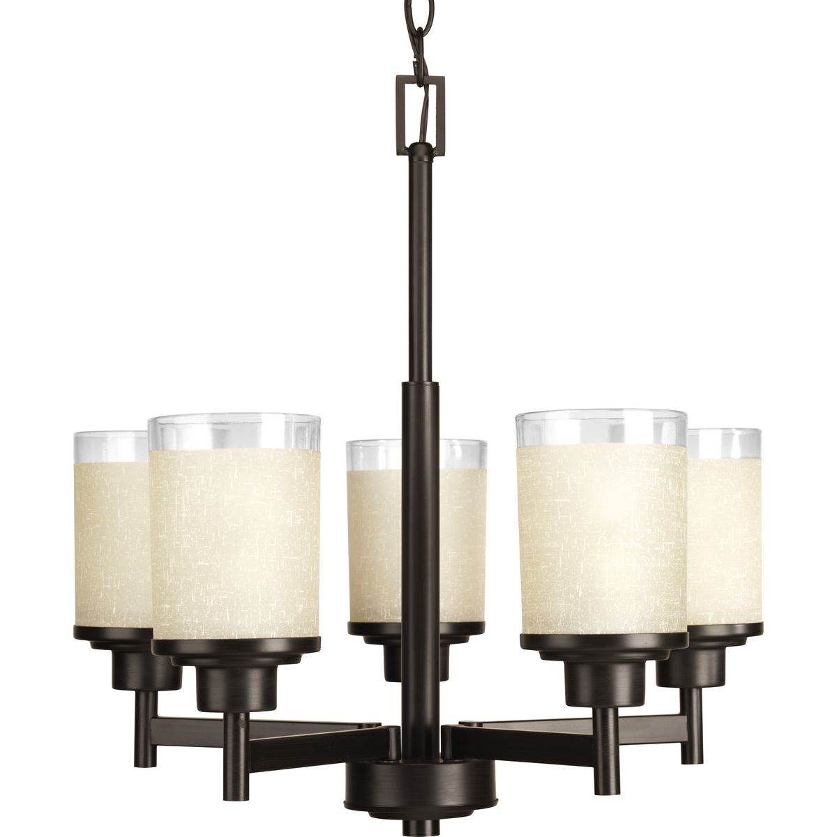 PROGRESS LIGHTING P4459-20 Antique Bronze Alexa Collection Five-Light Antique Bronze Etched Umber Linen With Clear Edge Glass Modern Chandelier Light