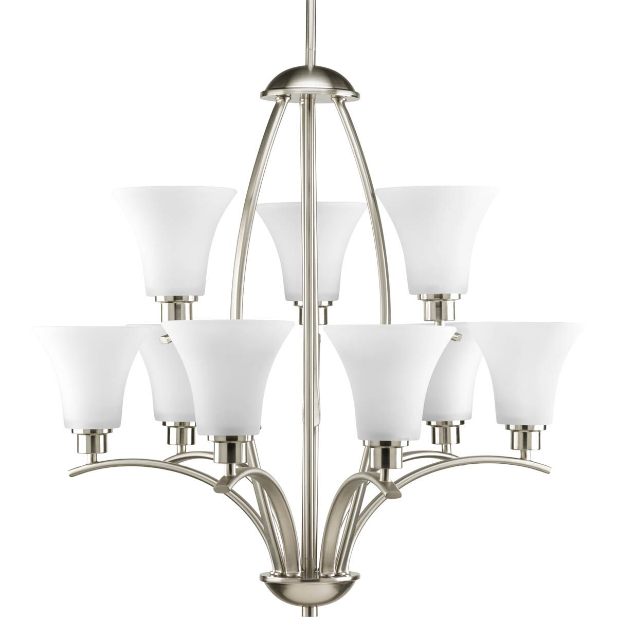 PROGRESS LIGHTING P4492-09 Brushed Nickel Joy Collection Nine-Light Brushed Nickel Etched White Inside Glass Traditional Chandelier Light