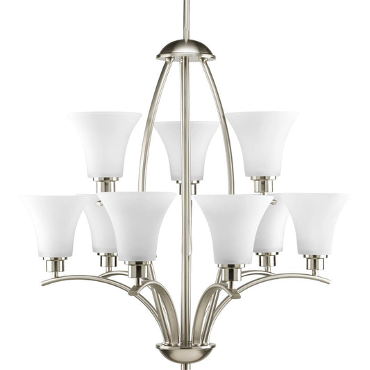 PROGRESS LIGHTING P4492-09 Brushed Nickel Joy Collection Nine-Light Brushed Nickel Etched White Inside Glass Traditional Chandelier Light