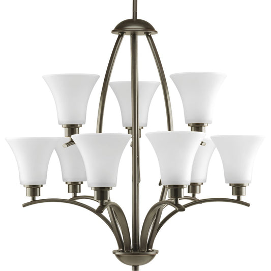 PROGRESS LIGHTING P4492-20W Antique Bronze Joy Collection Nine-Light Antique Bronze Etched White Glass Traditional Chandelier Light