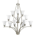 PROGRESS LIGHTING P4497-09 Brushed Nickel Joy Collection Twelve-Light Brushed Nickel Etched White Inside Glass Traditional Chandelier Light