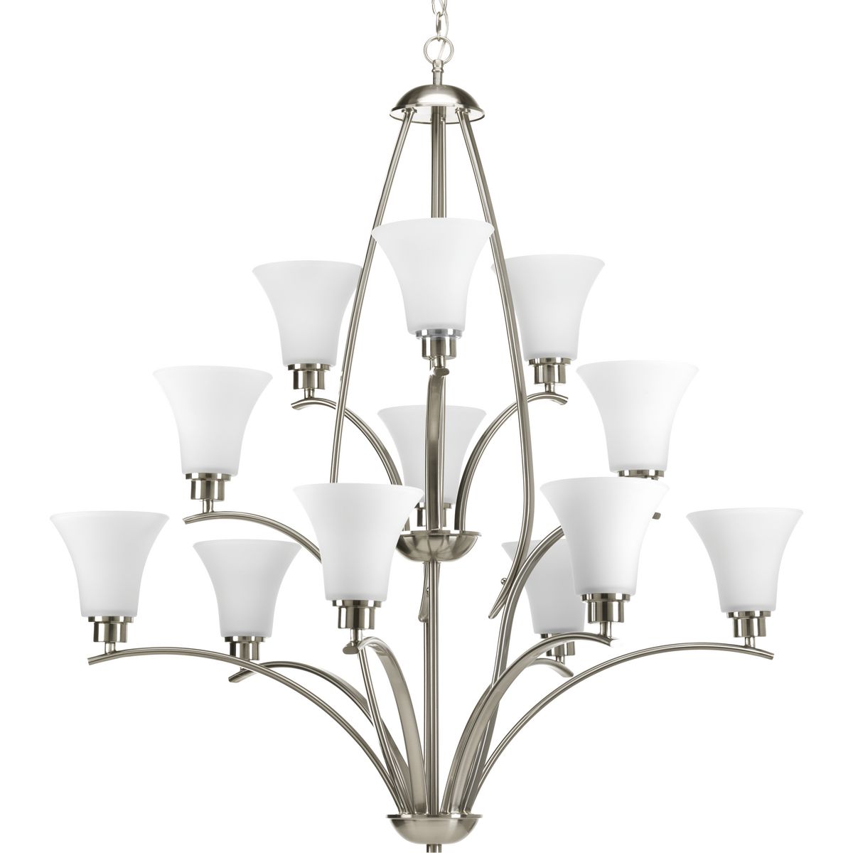 PROGRESS LIGHTING P4497-09 Brushed Nickel Joy Collection Twelve-Light Brushed Nickel Etched White Inside Glass Traditional Chandelier Light
