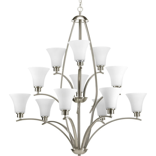 PROGRESS LIGHTING P4497-09 Brushed Nickel Joy Collection Twelve-Light Brushed Nickel Etched White Inside Glass Traditional Chandelier Light