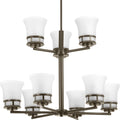 PROGRESS LIGHTING P4614-20 Antique Bronze Cascadia Collection Nine-Light Antique Bronze Etched Glass Coastal Chandelier Light