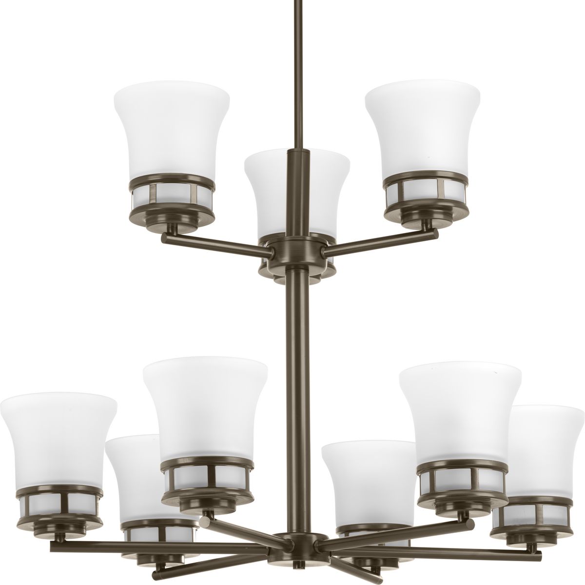 PROGRESS LIGHTING P4614-20 Antique Bronze Cascadia Collection Nine-Light Antique Bronze Etched Glass Coastal Chandelier Light