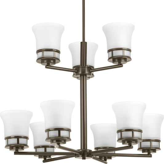 PROGRESS LIGHTING P4614-20 Antique Bronze Cascadia Collection Nine-Light Antique Bronze Etched Glass Coastal Chandelier Light