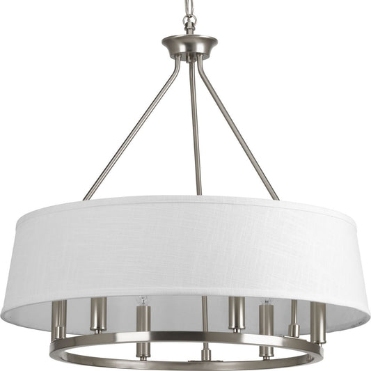 PROGRESS LIGHTING P4618-09 Brushed Nickel Cherish Collection 24" Six-Light Brushed Nickel Coastal Chandelier Light with Summer Linen Shade